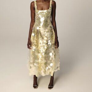 ARRANGE embellished disc sequin square neck full skirt midi dress in lemon